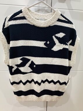 Anthropology Maeve Navy  and Cream Striped Short-Sleeve Sweater Vest